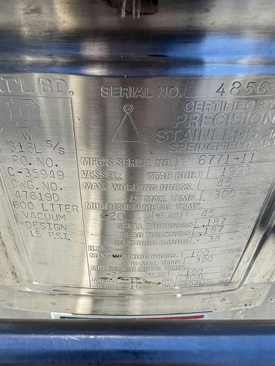 Used Reactor, 158 Gallon (600 Liters), 316L Stainless Steel, Jacketed, 45 PSI Internal #S745417