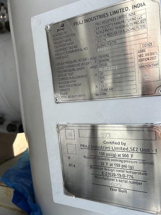 Used Tank, 1017 Gallon, Carbon Steel, Vertical, Praj, 158 PSI, 2023, Unused, #5991577