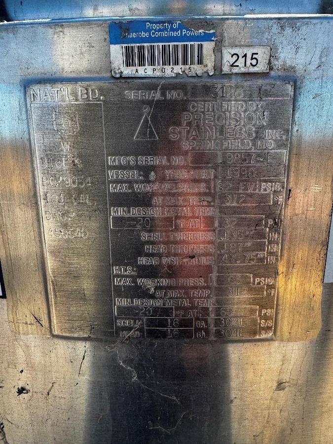 Used Tank, 181 Gallon, 316 Stainless Steel, Jacketed, Agitated, 32 PSI, Full Vacuum, #5991495