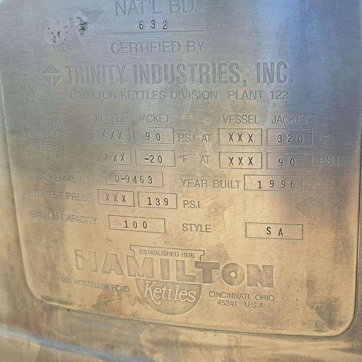 Used Kettle, 100 Gallon, Jkt, Agit,  Hamilton #S745063