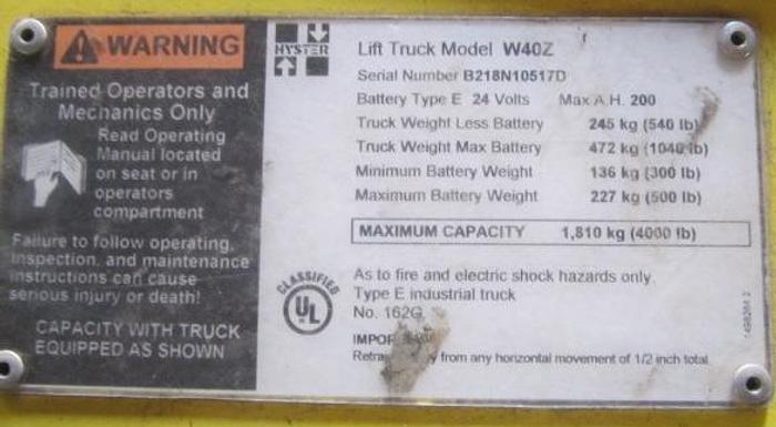 Used Forklift, Pallet Jack, Elec, Hyster, 4,000#, Mdl W402, (2) #S738809