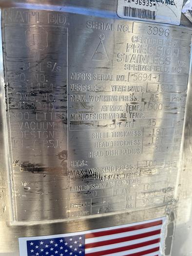 Used Reactor, 80 Gallon (300 Liters), 316L Stainless Steel, Jacketed, 45 PSI Internal #S745423