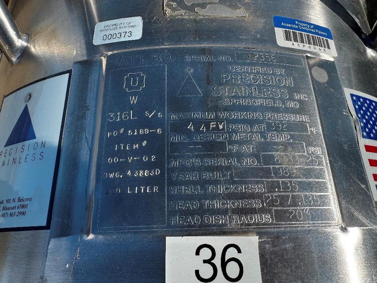 Used Tank, 26 Gallon (100 Liter), Precision Stainless, Clamped Top, Stainless Steel, #5991471