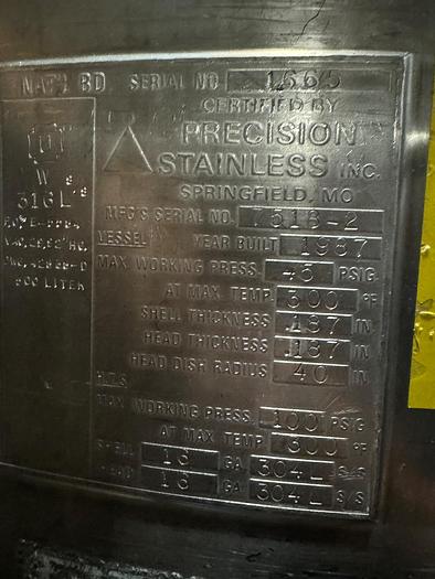 Used Reactor, 130 Gallon (500 Liters), 316L Stainless Steel, Jacketed, 45 PSI Internal, Agitated #S745435