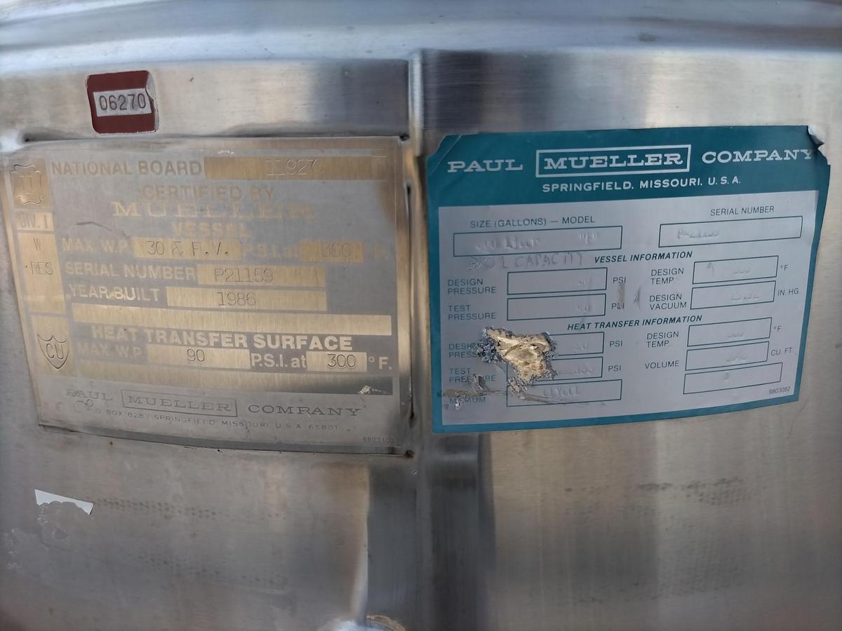 Used Tank, 98 Gallon (370 Liter), Jacketed, Stainless Steel, Mueller, 30 PSI / FV, #5991489