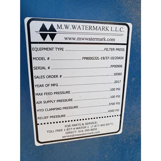 Used Filter Press, 32" x 32", 800mm, MW Watermark, FP800G32L, CGR Plates - #4664065