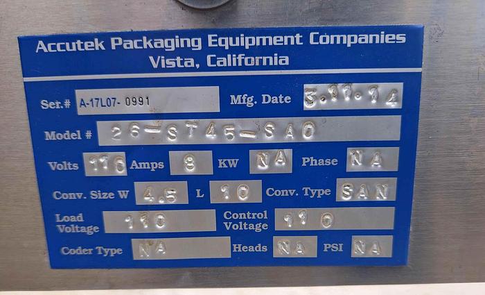 Used Conveyor, Belt, Accutek, 4.5" x 10' , Model 26-ST45-SAO, 1/2 HP