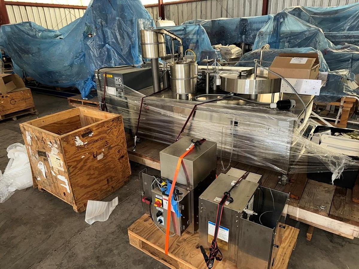 Used Filler, Piston, Monoblock, M&O Perry with (3) Filamatic Piston Fillers, Crimper, Stainless Steel, #5991418