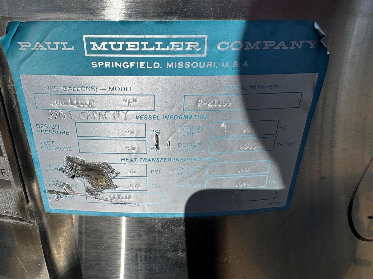 Used Tank, 98 Gallon (370 Liter), Jacketed, Stainless Steel, Mueller, 30 PSI / FV, #5991489