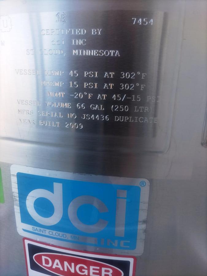 Used Tank, 66 Gallon, Stainless Steel, Jacketed, Agitated, DCI, 45 PSI, #5991955