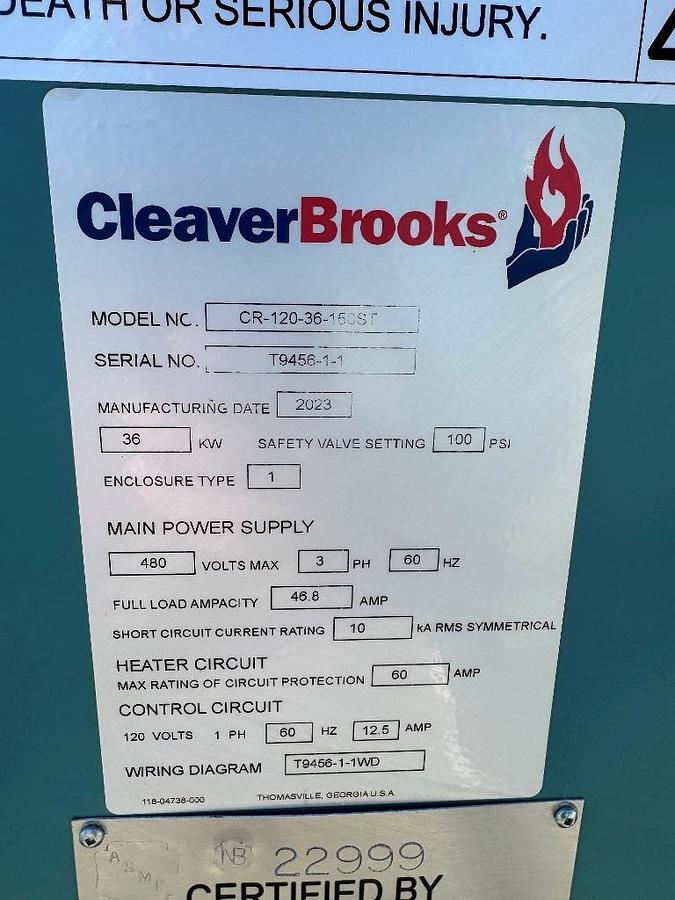 Used Boiler, Electric, 36 kW, 126 Lb/Hr, Cleaver-Brooks, 150 PSI, 2023, #