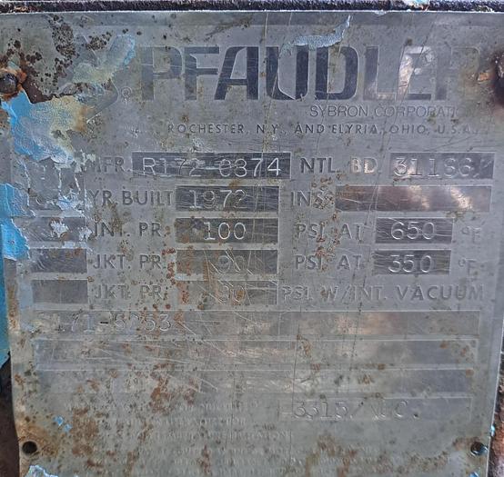 Used Reactor, 2,000 Gallon, Glass Lined, 100 PSI, Jkt, Agit, Pfaudler, #S633150