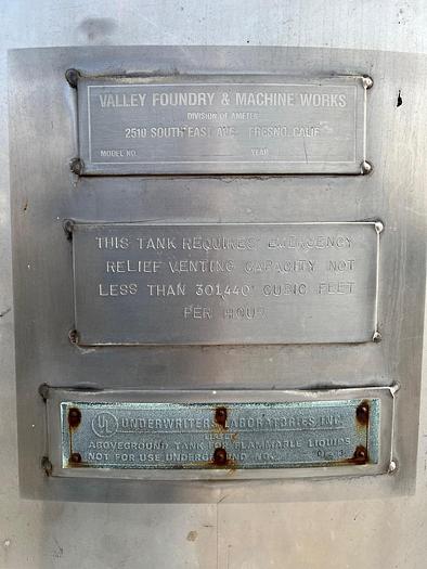 Used Tank, 4,250 Gallon, Stainless Steel, 8' Dia x 12' H, Valley Foundry, UL Rated, #5991328