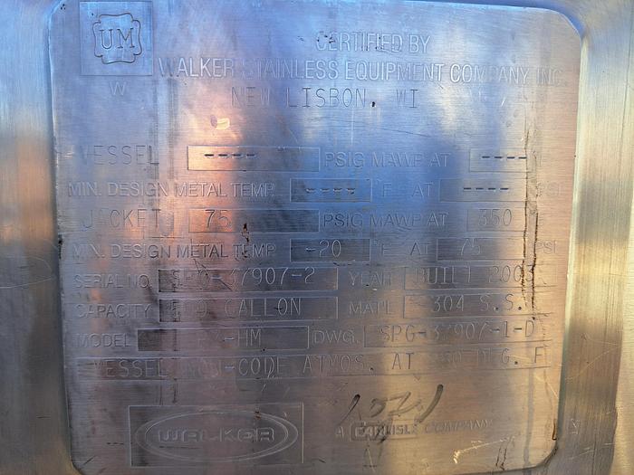 Used Tank, 500 Gallon, Mix Tank, Jacketed, Walker, 304 Stainless #S745318