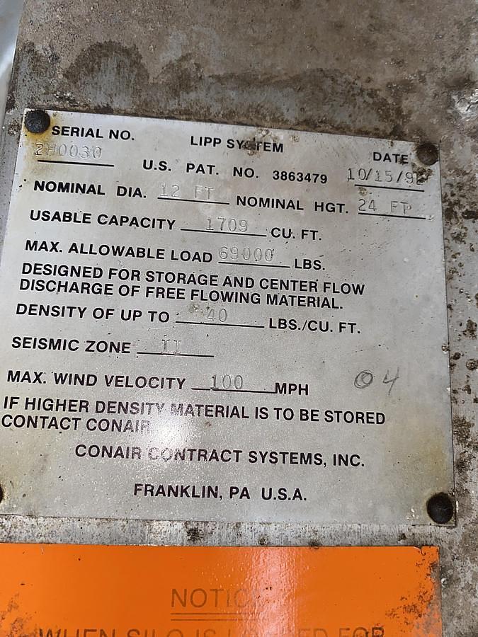 Used Tank, 11,000 Gallon, 12' Diameter x 24' High, Spiral Aluminum, Vertical Cone Bottom, Conair, Silo, #5991771