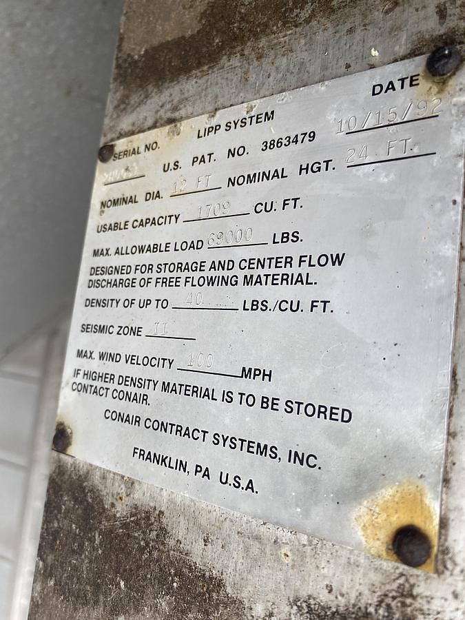 Used Tank, 11,000 Gallon, 12' Diameter x 24' High, Spiral Aluminum, Vertical Cone Bottom, Conair, Silo, #5991771