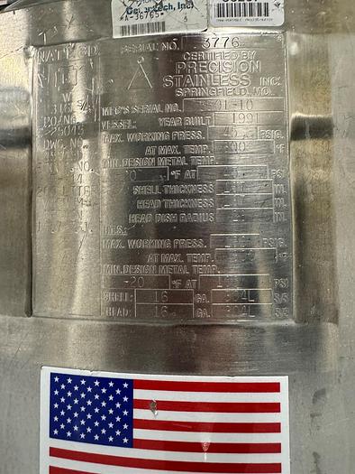 Used Reactor, 50 Gallon (200 Liters), 316L S/St, Jacketed, 45 PSI Internal, Agitated #S745438