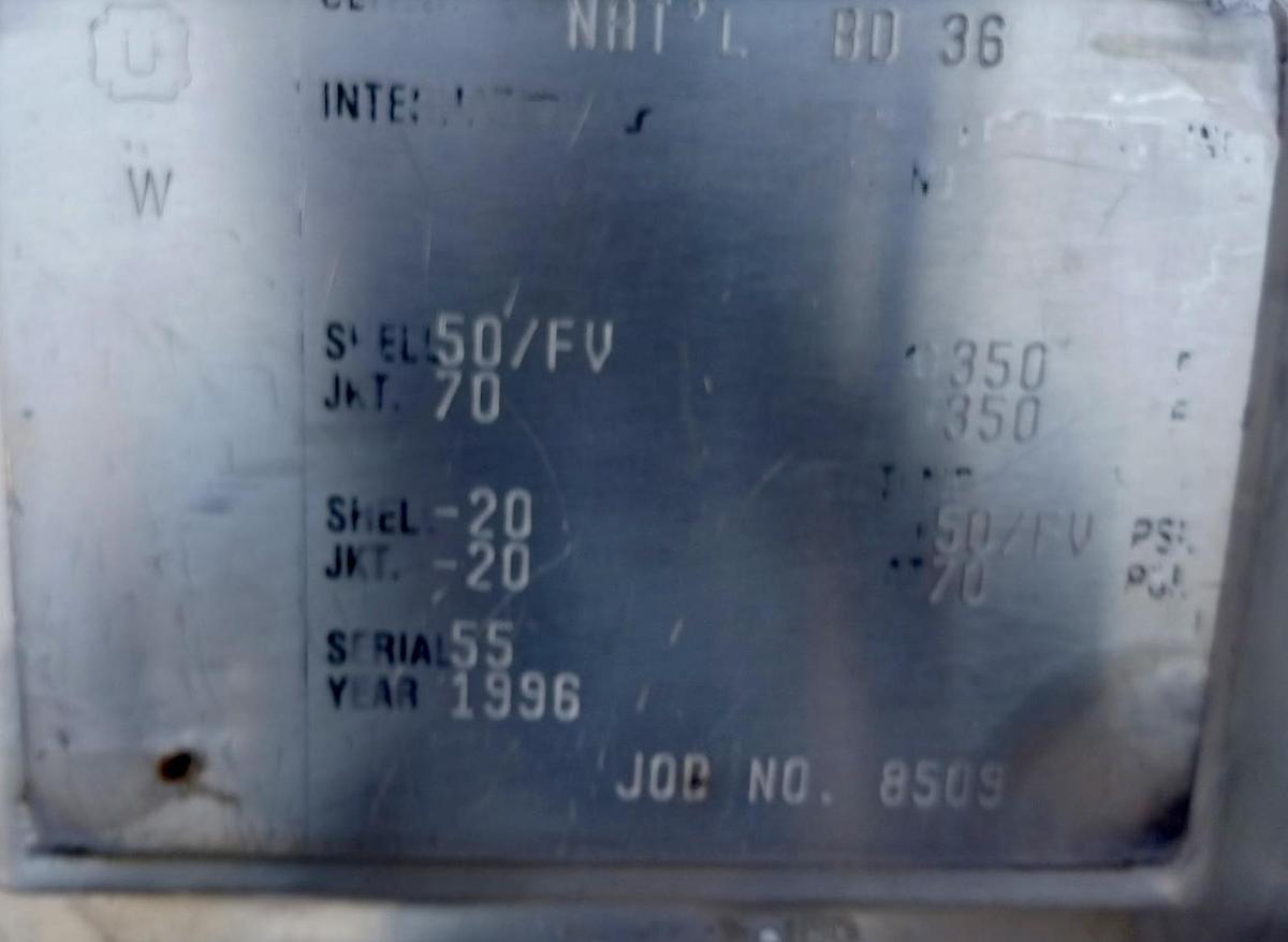 Used Tank, Approx. 13 Gallon (50 Liter), 50 PSI/FV, 70 PSI Jacket, Stainless Steel, #5991461