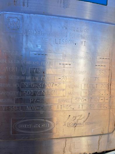 Used Tank, 500 Gallon, Mix Tank, Jacketed, Walker, 304 Stainless #S745318