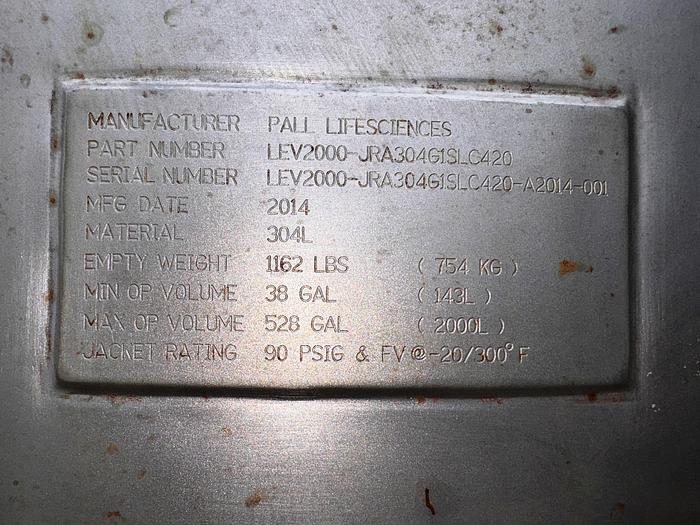 Used Reactor, 528 Gallon (2000 Liter), Single Use, Stainless Steel, Pall Life Sciences, 55" x 56" Jacketed, #5991262