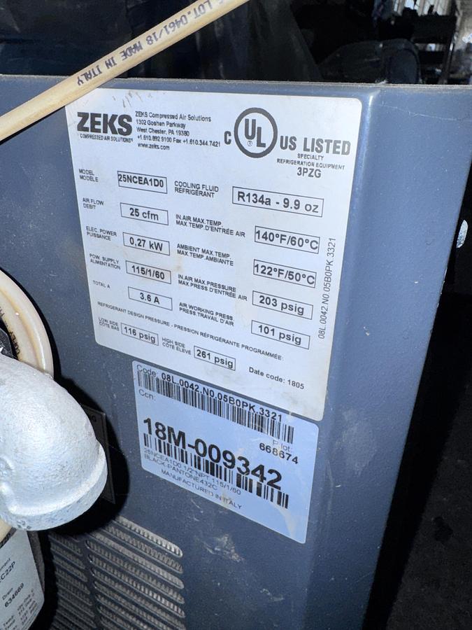 Used Air Dryer, Refrigerated Compressed Air, 25 CFM, ZEKS, Model 25NCEA1D0, #