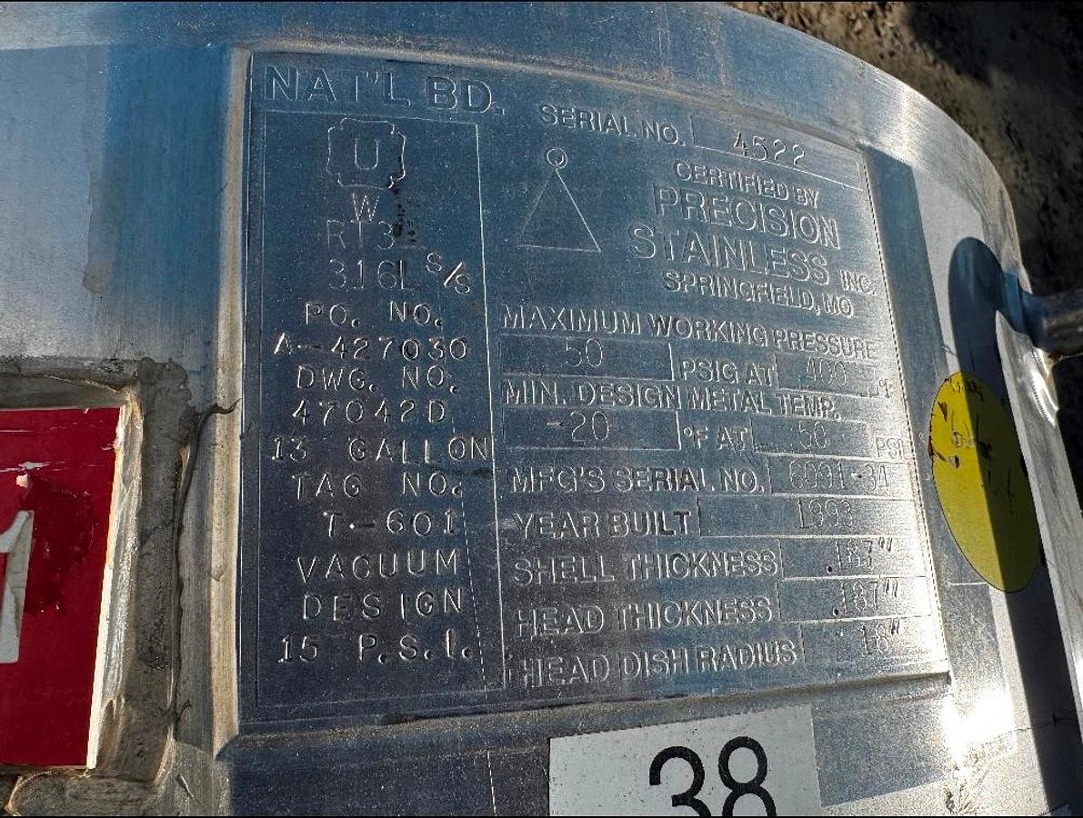 Used Tank, 13 Gallon, 316L Stainless Steel, Agitated, Full Vacuum, Insulated, #5991472