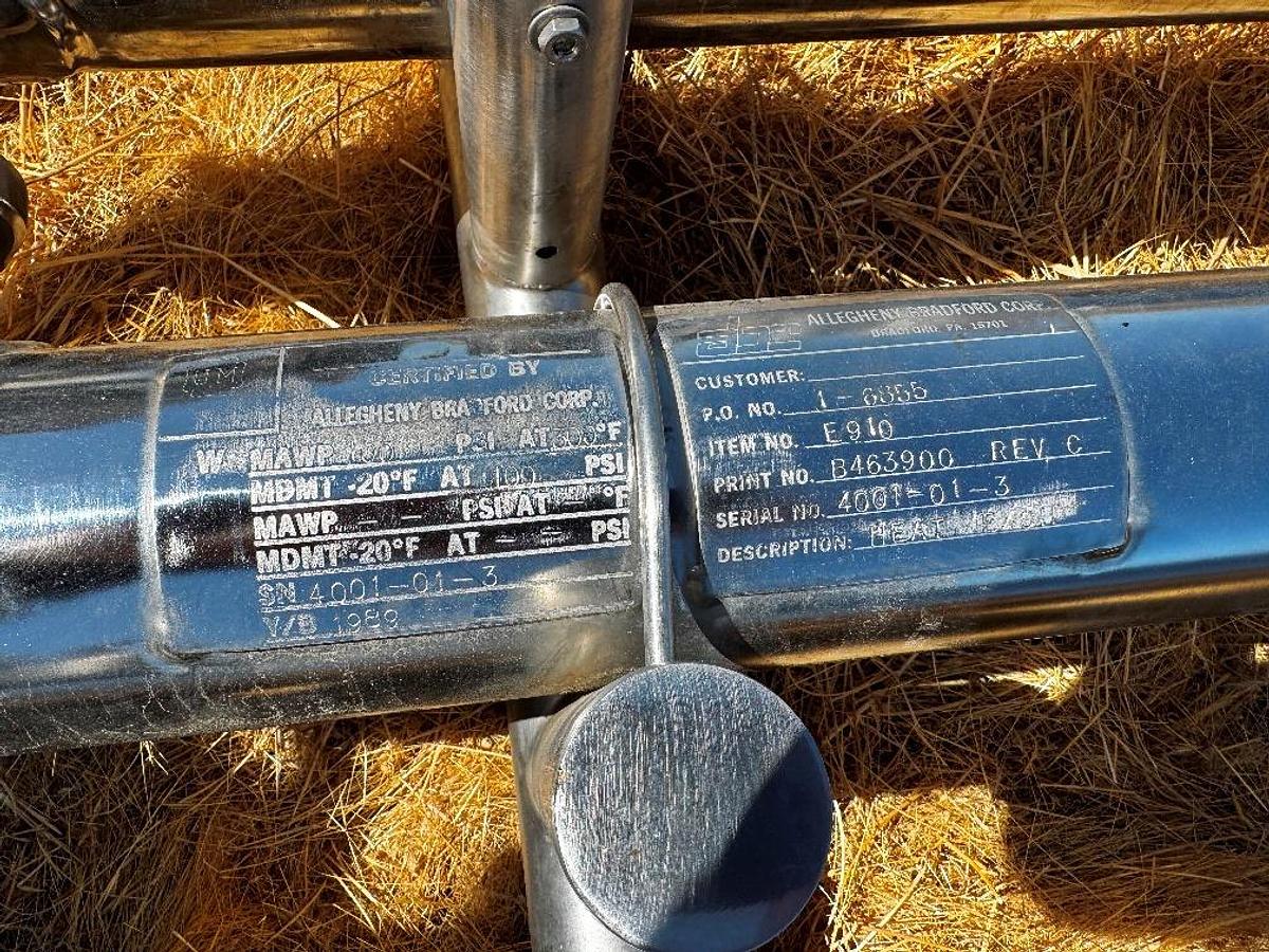Used Heat Exchanger, Tube-in-Tube, 30 SF, 6-Pass, Allegheny Bradford, 4"/2", 100 PSI, #5991499