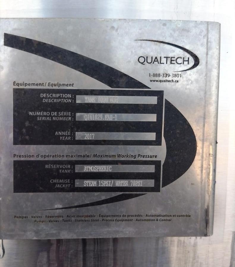 Used Tank, 1,000 Gallon, Stainless Steel, Jacketed, Agitated, Cone Bottom, Qualtech, #5991884