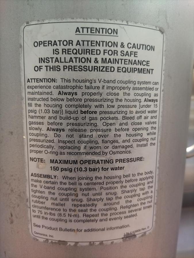 Used Filter, Nano Filtration, Osmonics, BEV Series, Stainless Steel, 300 GPM Permeate, #5991746