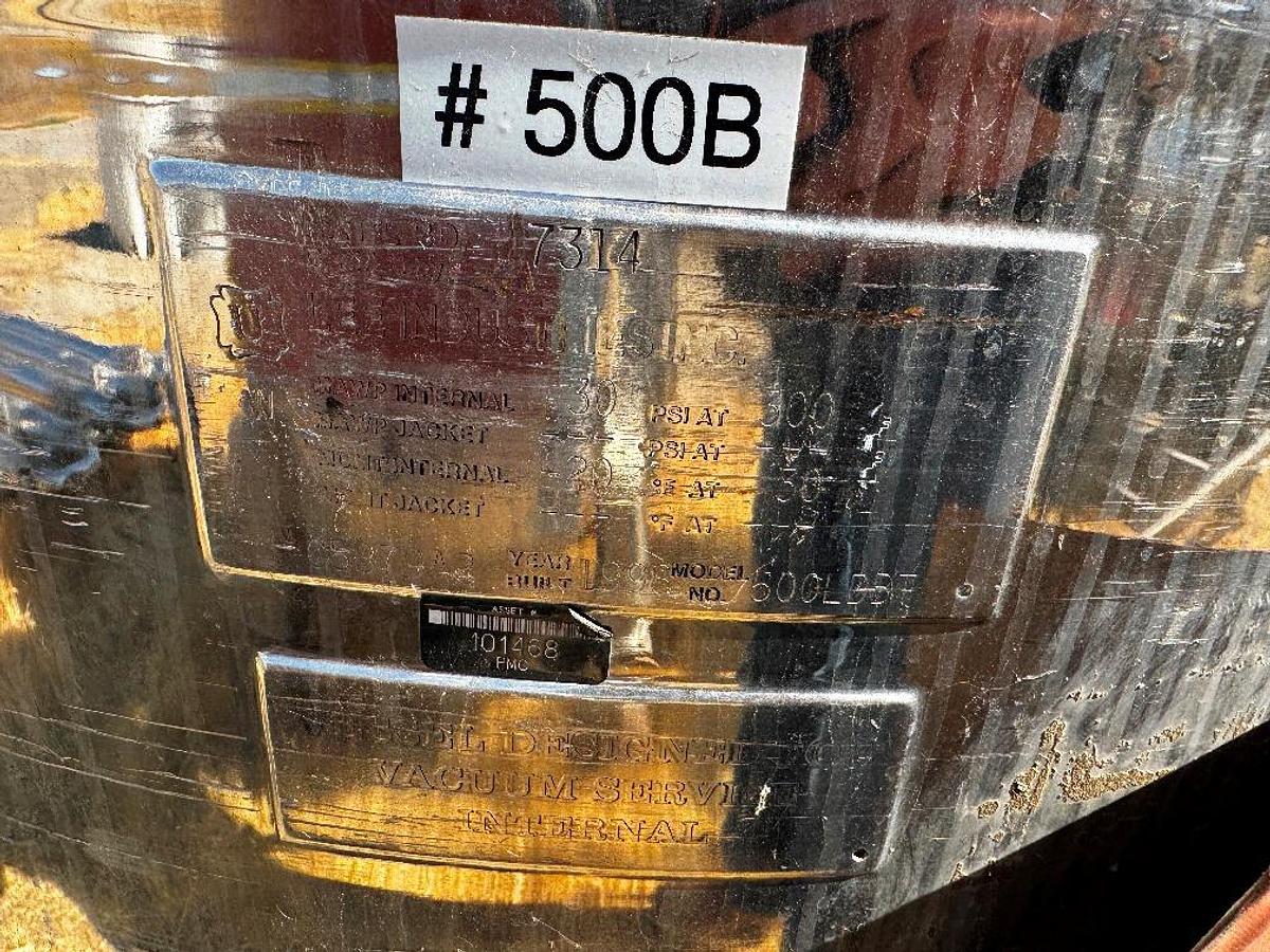 Used Tank, 132 Gallon (500 Liter), 316L Stainless Steel, Agitated, Internal Coil, 30 PSI, FV, Lee, #5991494