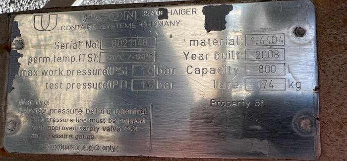 Used Tank, 211 Gallon, S/st, Ucon, 42" X 36", Jkt, DT/DB, E  #S744859