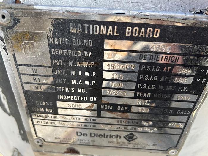 Used Reactor, 100 Gallon, Glass Lined, De Dietrich, 150 PSI, Jacketed, Agitated #S744732