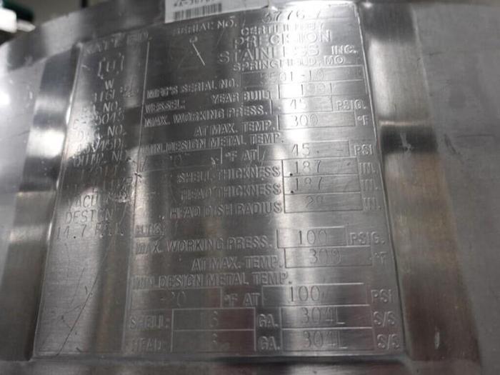 Used Reactor, 50 Gallon (200 Liters), 316L S/St, Jacketed, 45 PSI Internal, Agitated #S745438