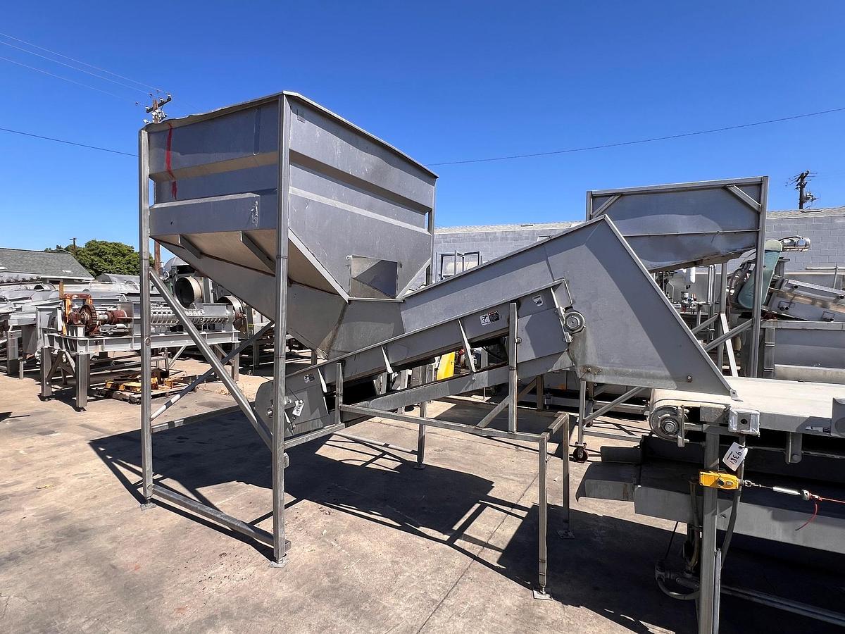 Used Hopper, Stainless Steel, Incline Metering Belt, 56”W x 72”L x 80”H, Sound Ocean Metal Fabricators, #5991524