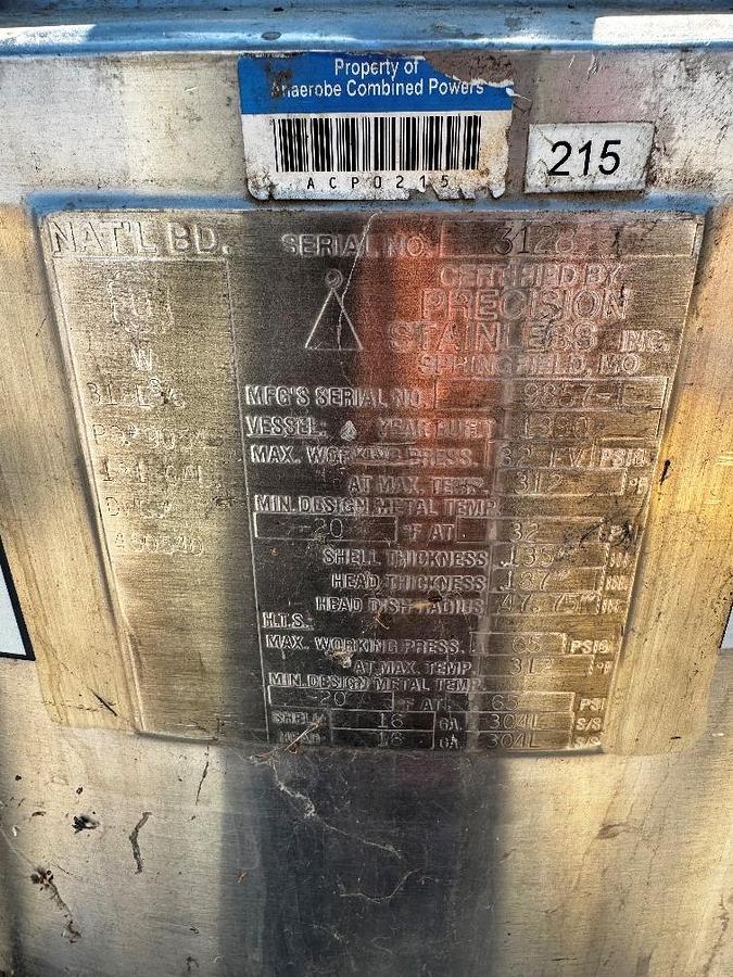 Used Tank, 181 Gallon, 316 Stainless Steel, Jacketed, Agitated, 32 PSI, Full Vacuum, #5991495