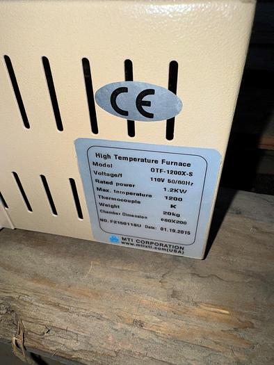 Used Furnace, Tube, 3" Diameter (80mm), MTI, Model OTF-1200X-S #S745494