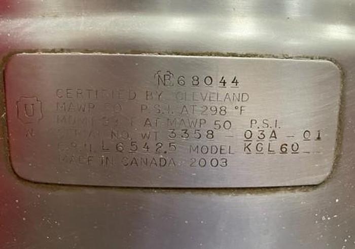 Used Kettle, 60 Gallon, S/st, Jkt, Cleveland, Gas #C745218