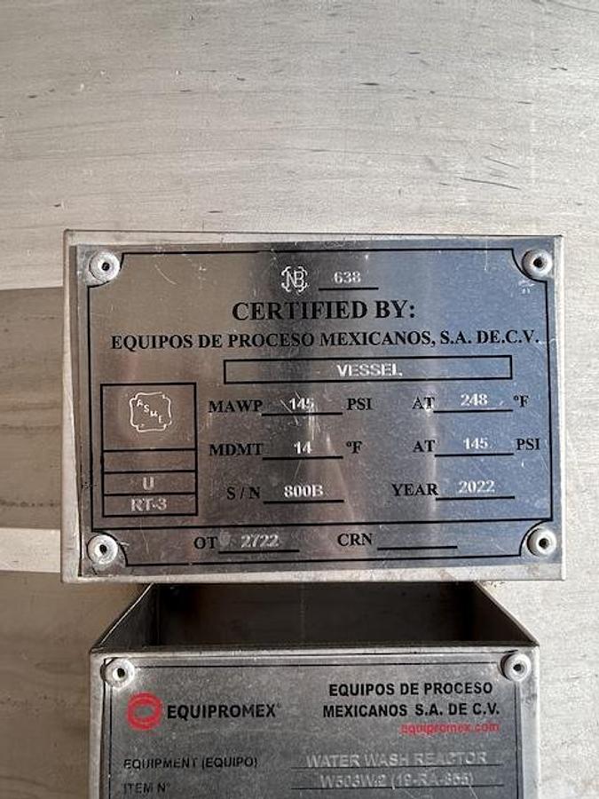 Used Tank, 2,775 Gallon, 304 Stainless Steel, Vertical, Equipromex, Waste Water Reactor, Agitated, 145 PSI, 2022, Unused, #5991579