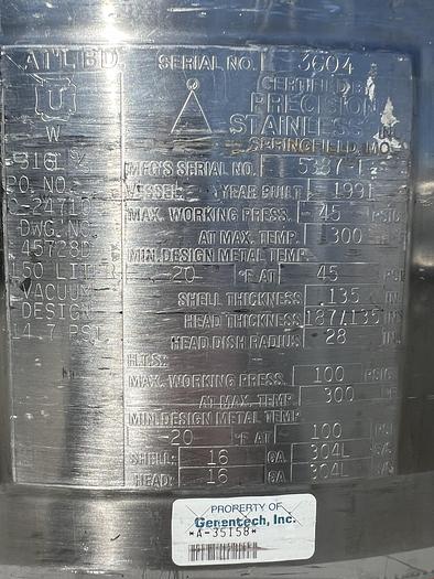 Used Reactor, 40 Gallon (150 Liters), 316L Stainless Steel, Jacketed, 45 PSI Internal #S745425