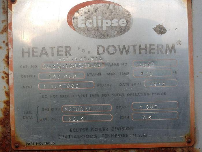 Used Boiler, Hot Oil, Eclipse Dowtherm, 750,000 BTU, Gas/Oil, #S733018