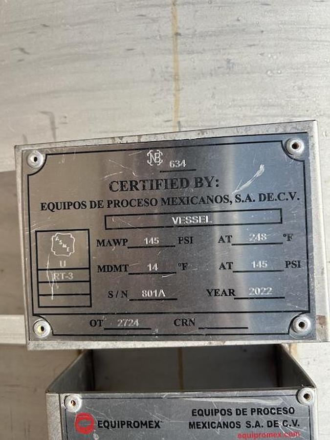 Used Tank, 2,775 Gallon, 304 Stainless Steel, Vertical, Equipromex, 145 PSI, Agitated, 2022, Unused, #5991578