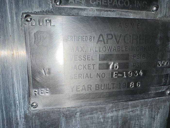 Used Tank, 2,000 Gallon, Stainless Steel, Jacketed, Agitated, APV Crepaco , #5532787