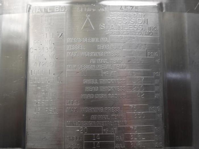 Used Reactor, 265 Gallon (1000 Liters), 316L S/St, Jkt, Agitated #S745446