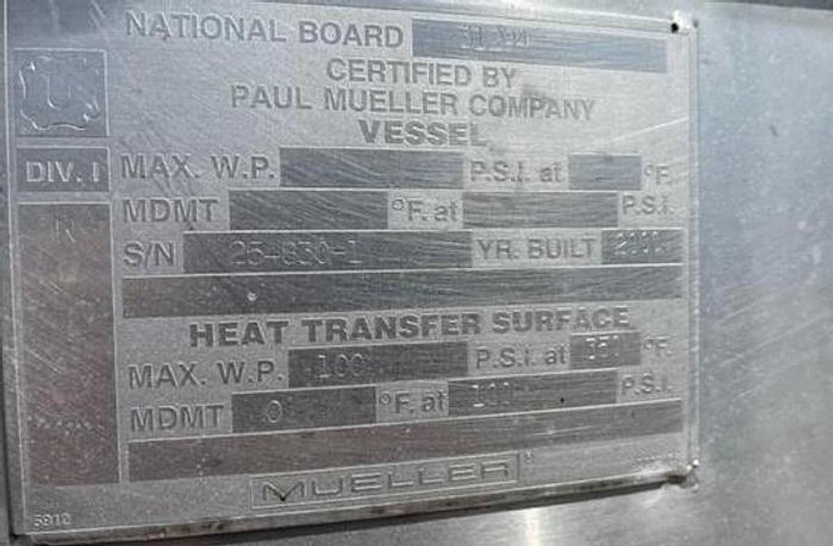 Used Tank, 1,600 Gallon, Stainless Steel, Jacketed, Scrape Surface Agitation, Mueller,#5991920