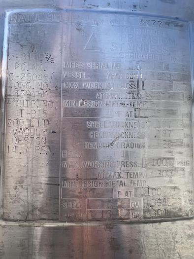 Used Reactor, 50 Gallon (200 Liters), 316L Stainless Steel, Jacketed, 45 PSI Internal, Agitated #S745437