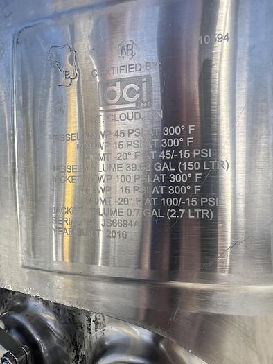 Used Reactor, 40 Gallon (150 Liters), 316L Stainless Steel, Jacketed, 45 PSI Internal, Agitated #S745436