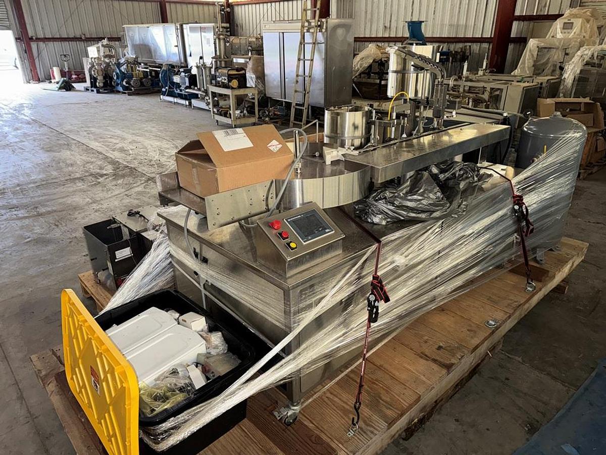 Used Filler, Piston, Monoblock, M&O Perry with (3) Filamatic Piston Fillers, Crimper, Stainless Steel, #5991418