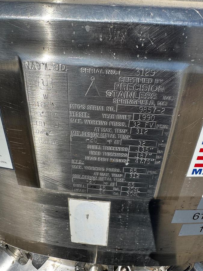 Used Tank, 181 Gallon, 316L Stainless Steel, Full Vacuum, Jacketed, Agitated, 32 PSI, #5991496