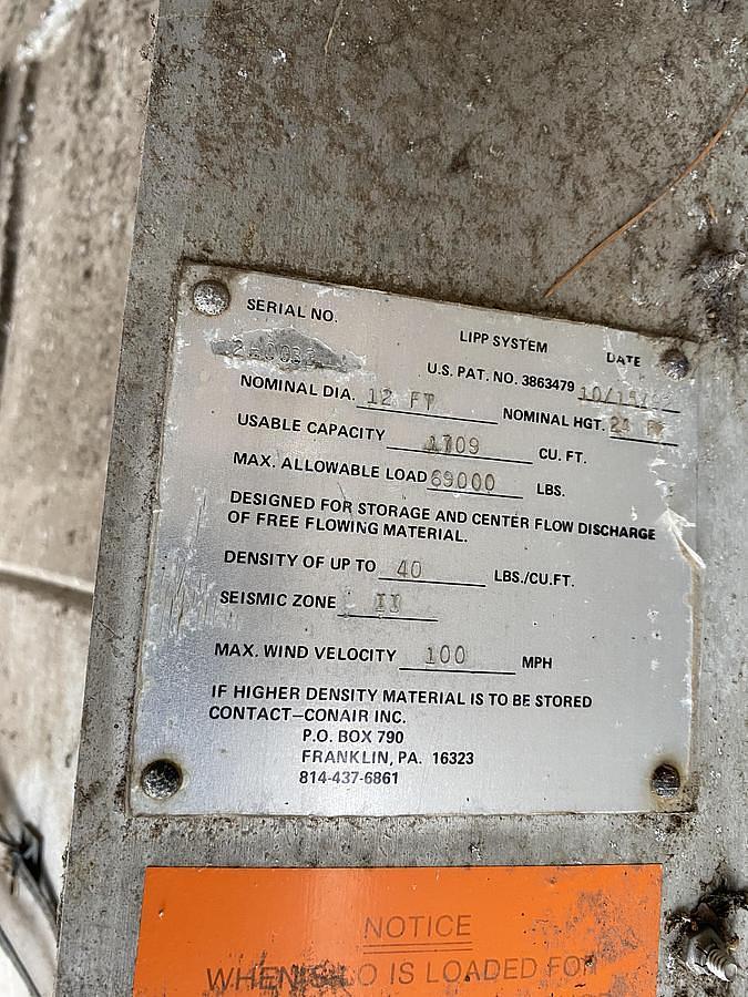 Used Tank, 11,000 Gallon, 12' Diameter x 24' High, Spiral Aluminum, Vertical Cone Bottom, Conair, Silo, #5991771