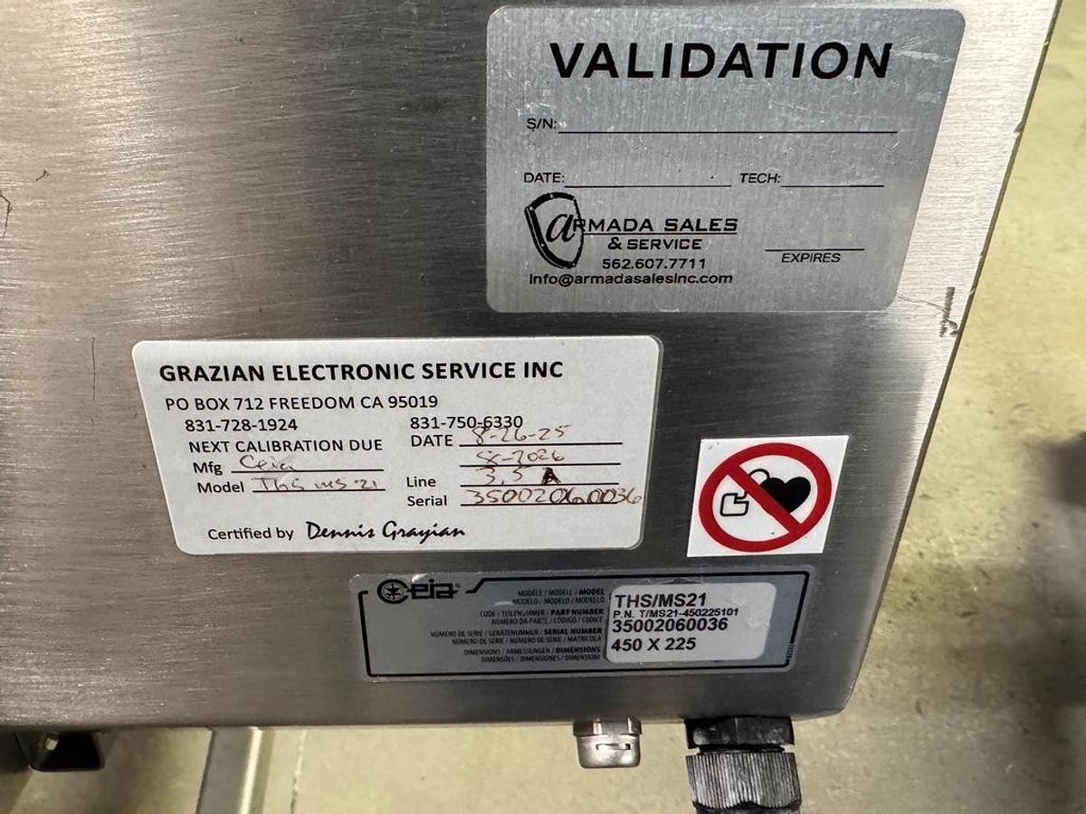 Used Detector, Metal, 18" x 7.5", CEIA, THS/M521, Stainless Steel, Belt Conveyor, #5991856